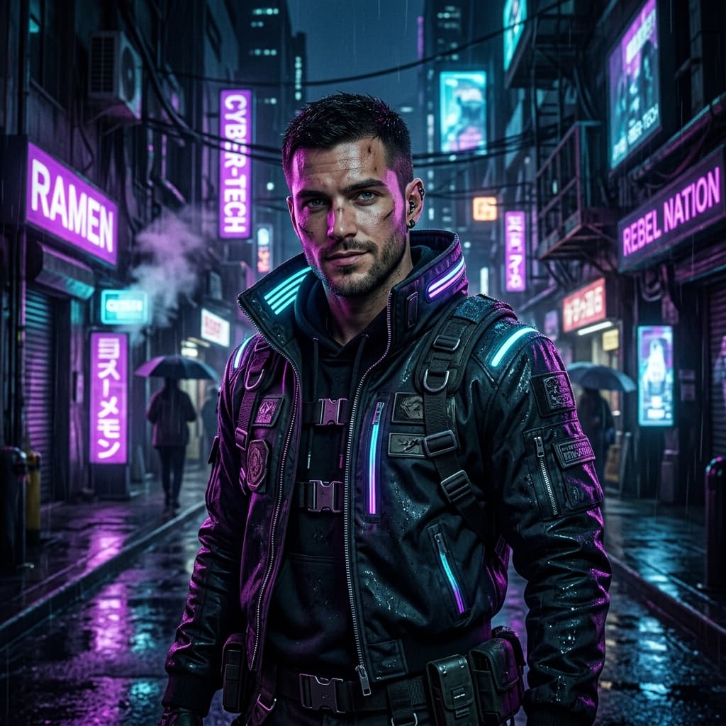 AI face-swap scene – cyberpunk result